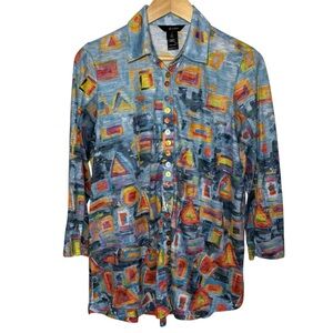 Ali Miles Tunic Top Medium Button Up Artsy Wearable Art Sheer Abstract Burnout